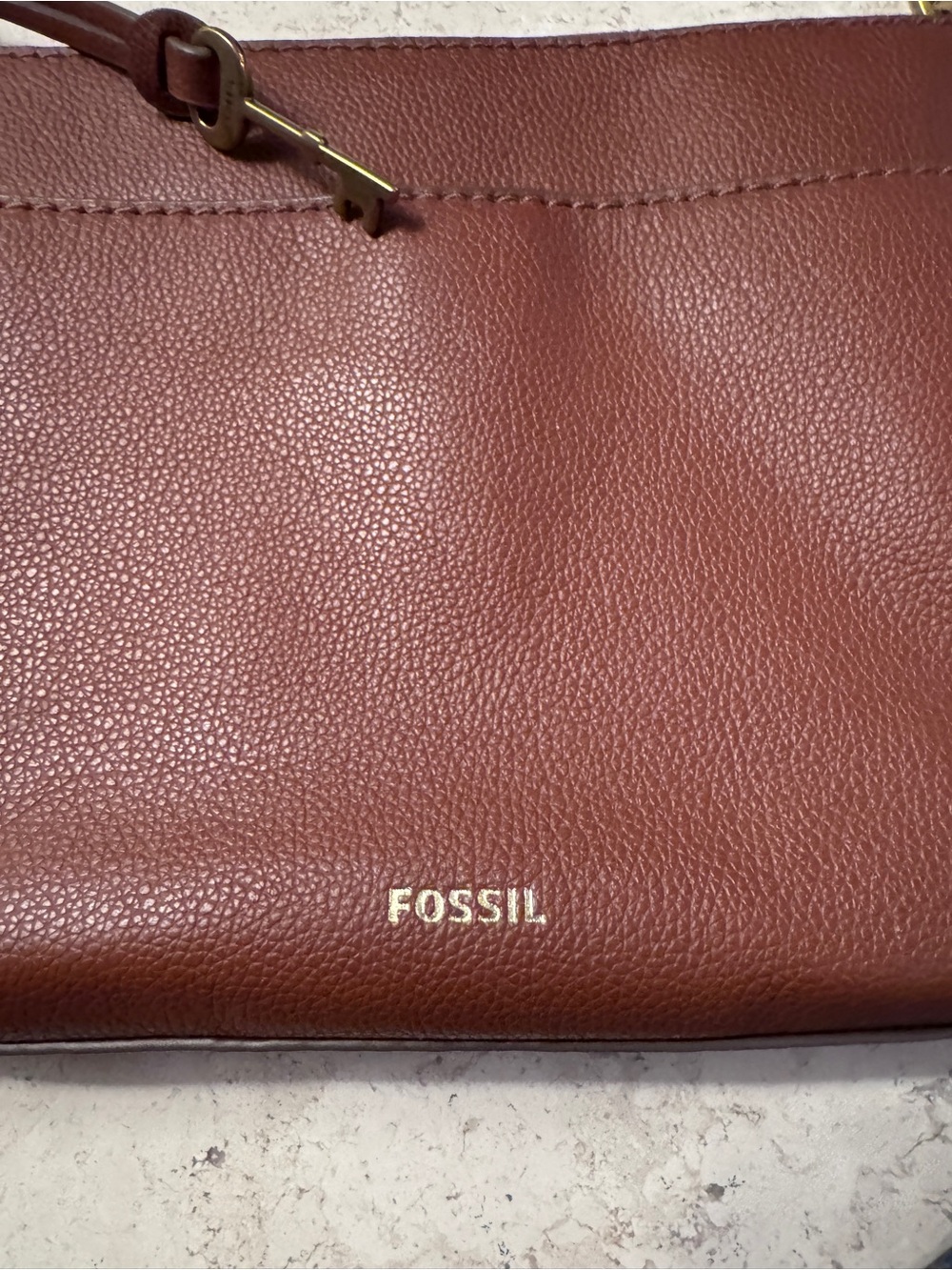 Fossil Leather Crossbody Bag, Cognac Brown, Pebbled Leather, with Brass Hardware